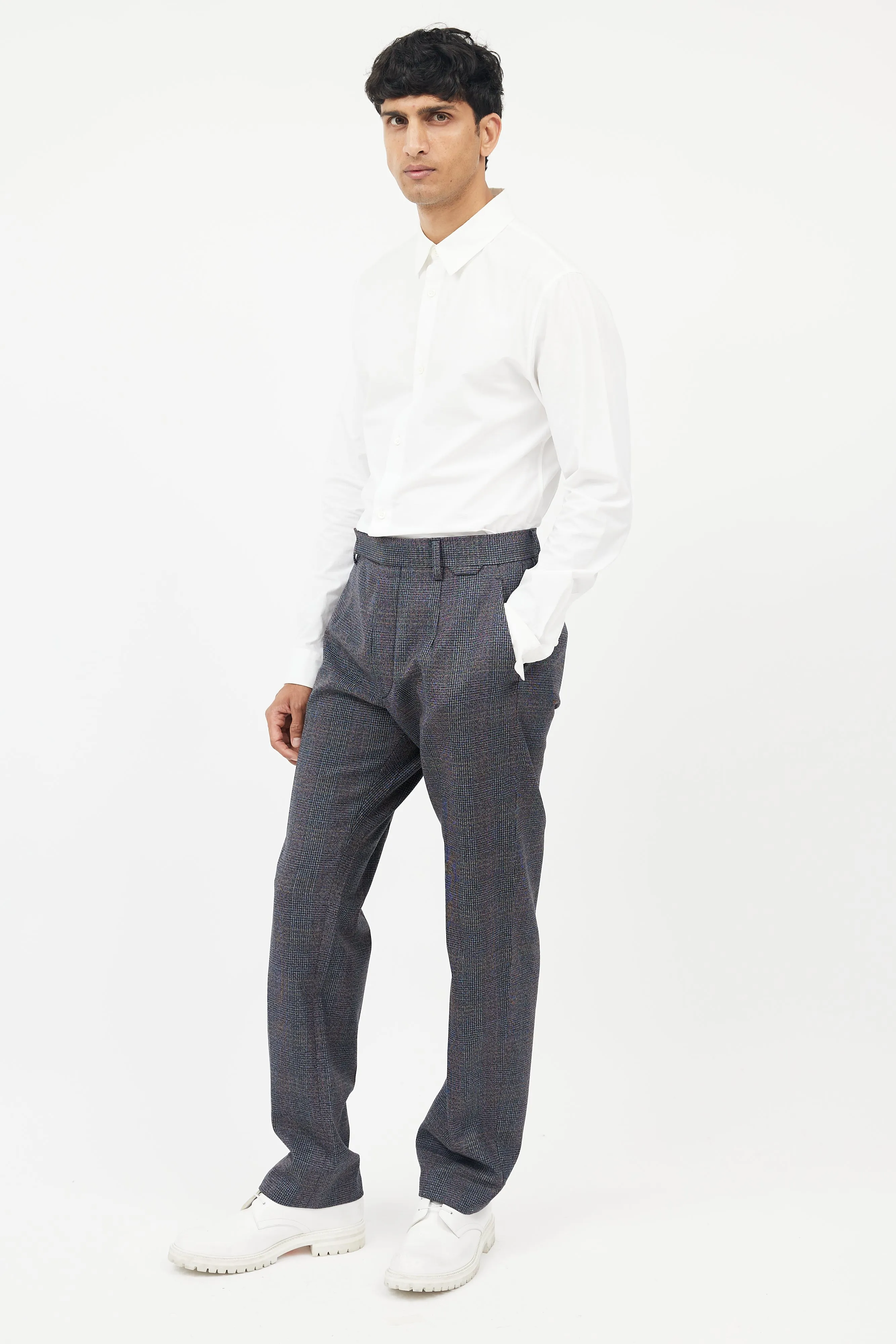 Blue & Grey Wool Plaid Trousers