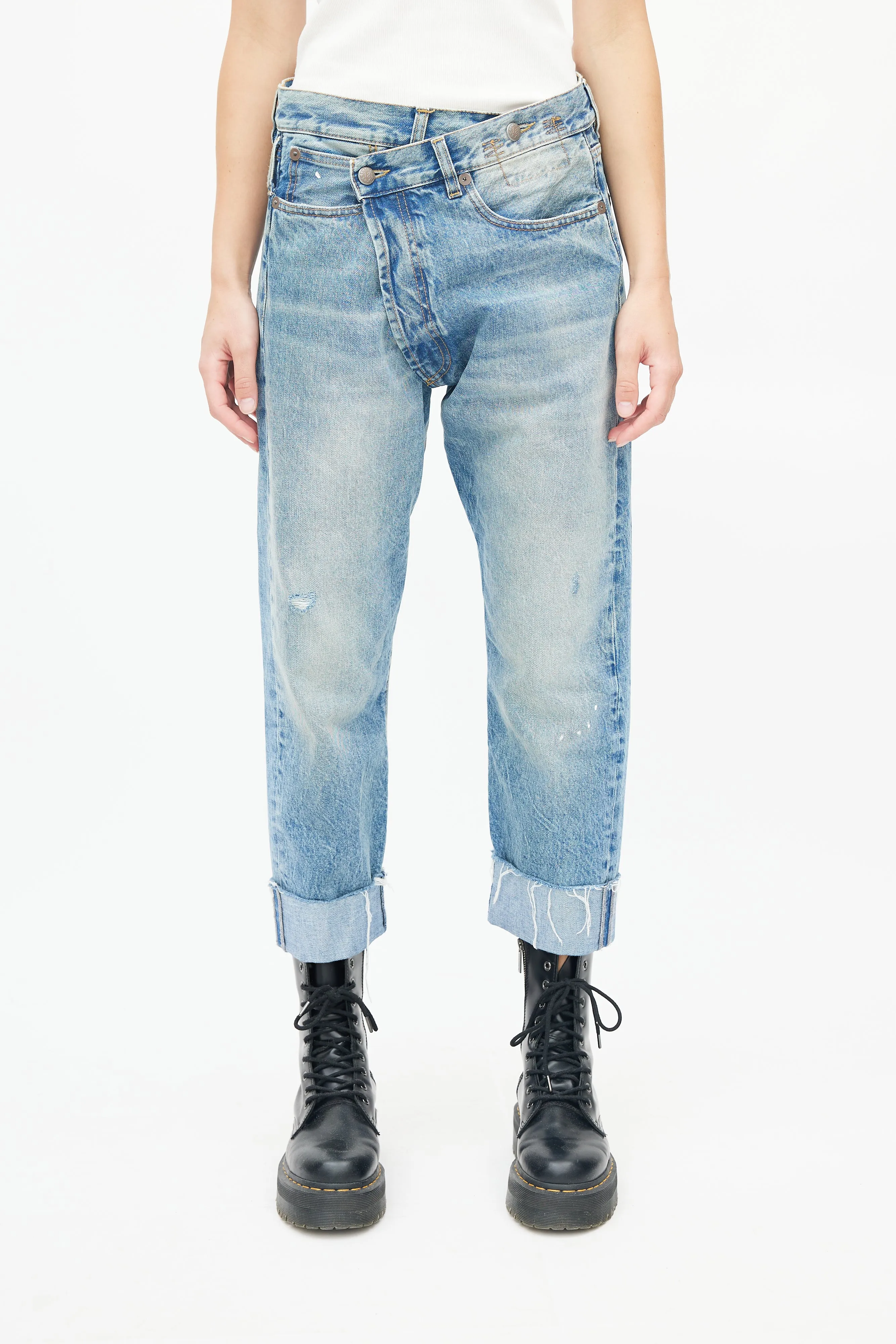 Blue Raw Hem Crossover Denim Jeans