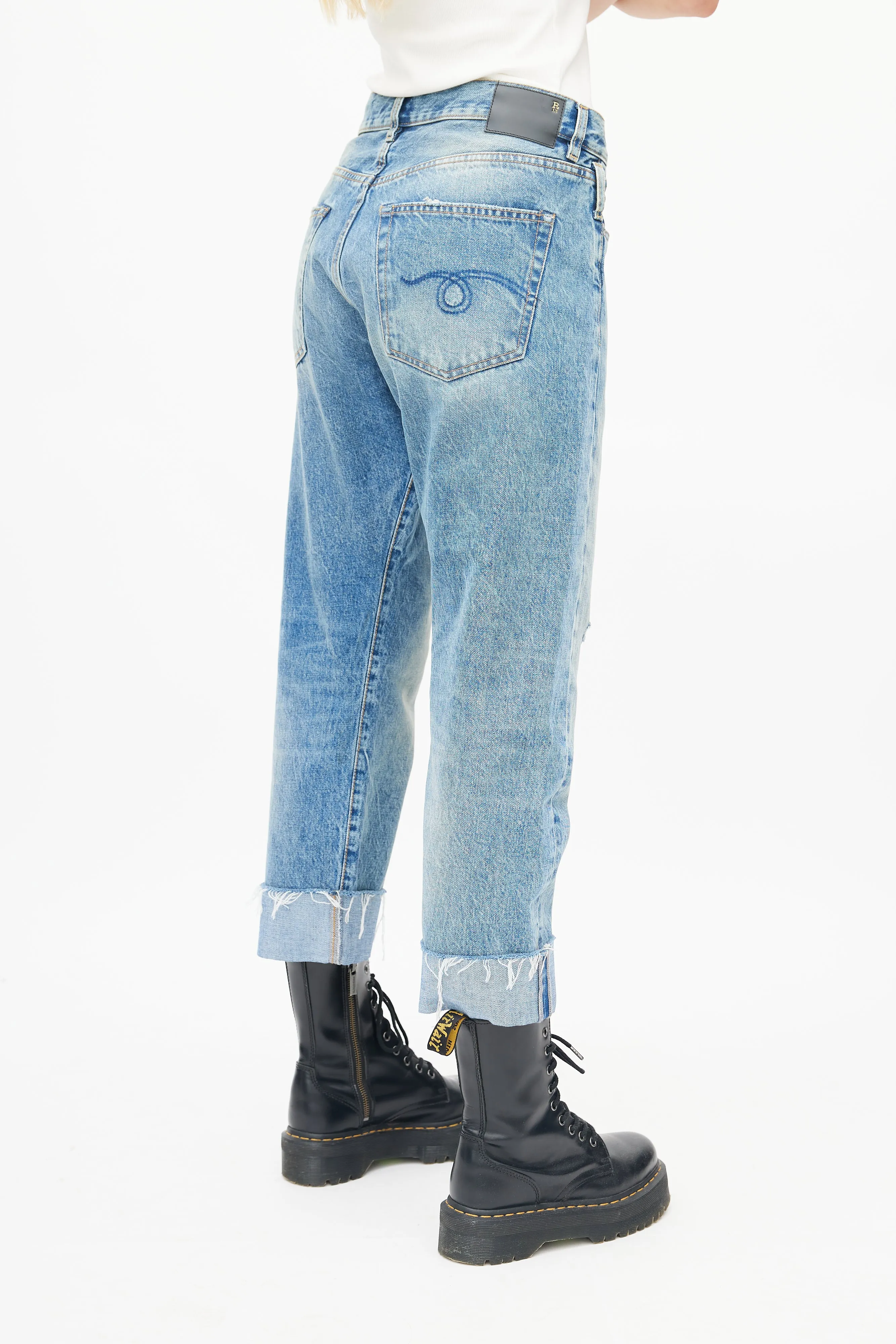 Blue Raw Hem Crossover Denim Jeans
