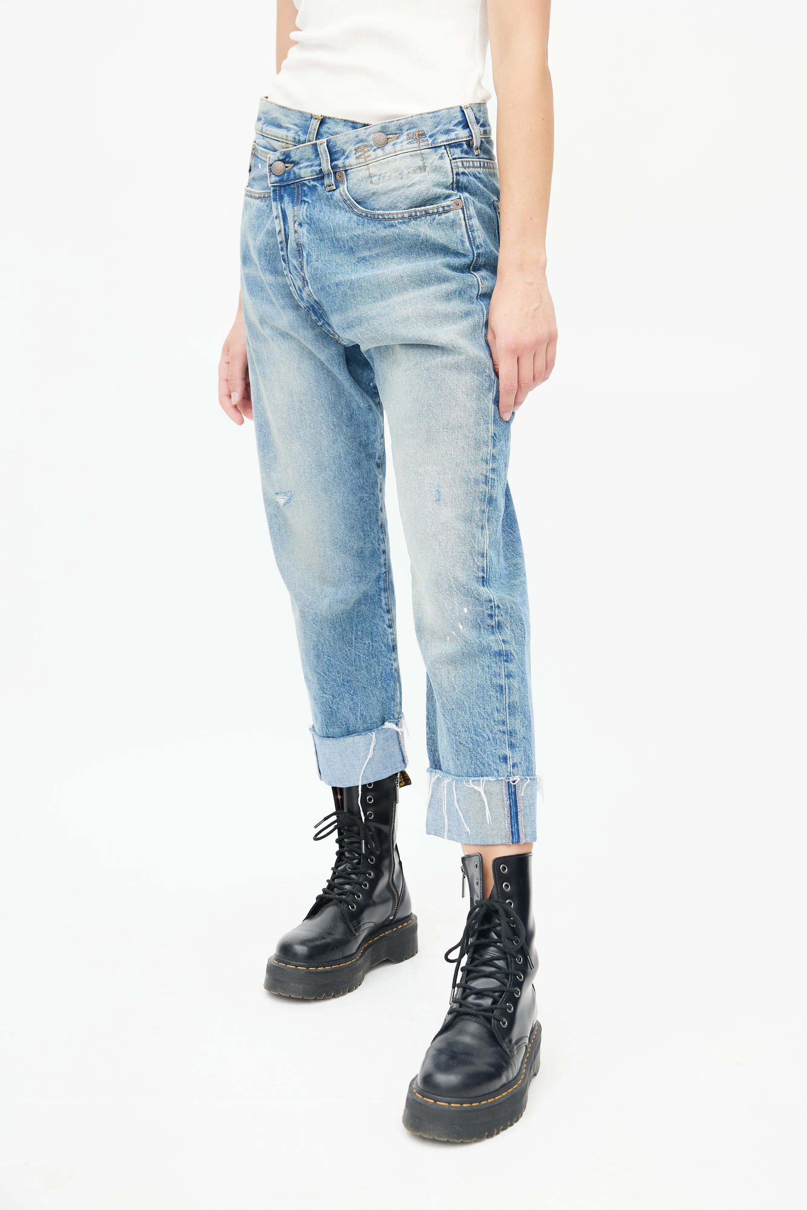 Blue Raw Hem Crossover Denim Jeans