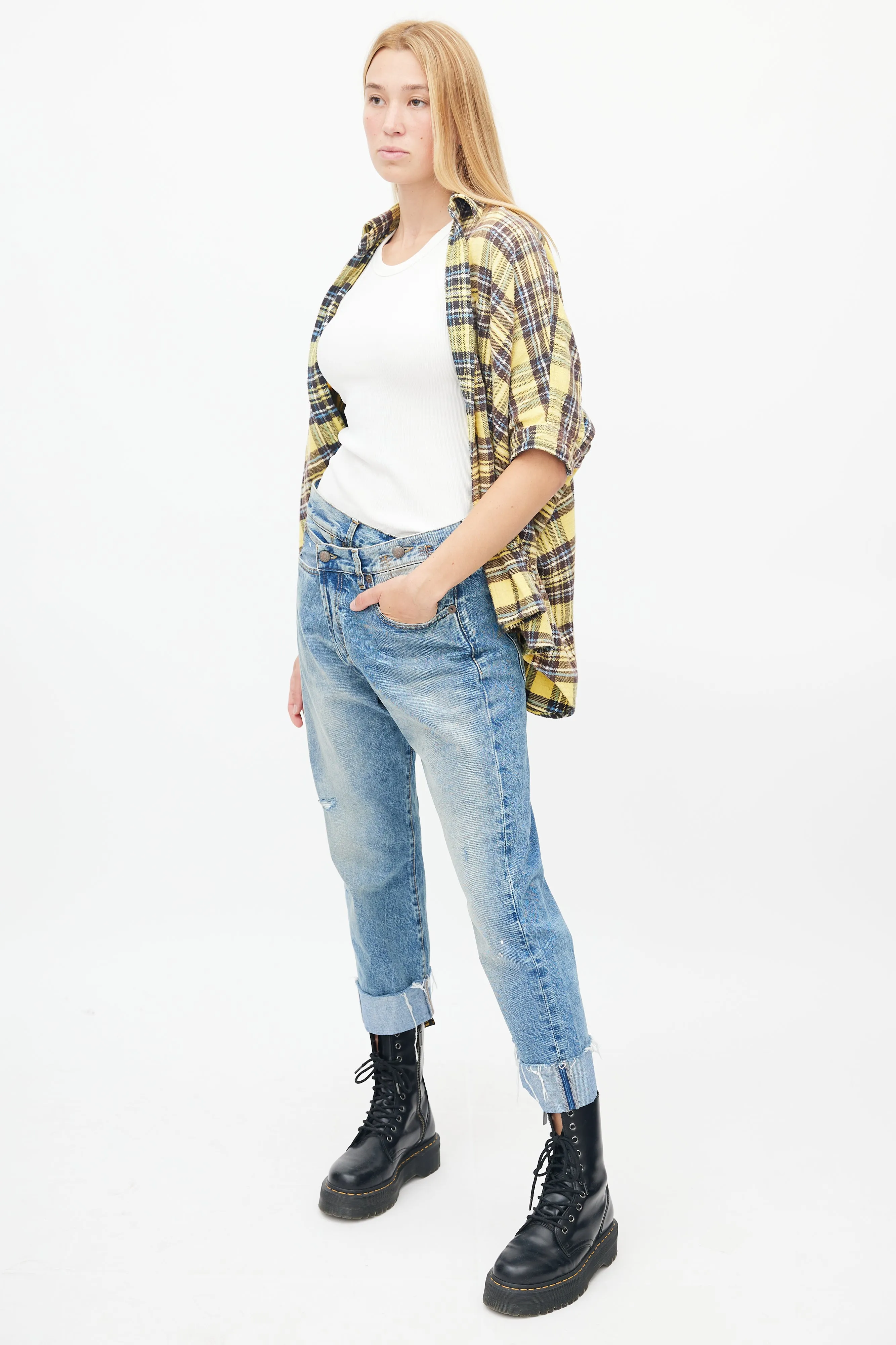 Blue Raw Hem Crossover Denim Jeans