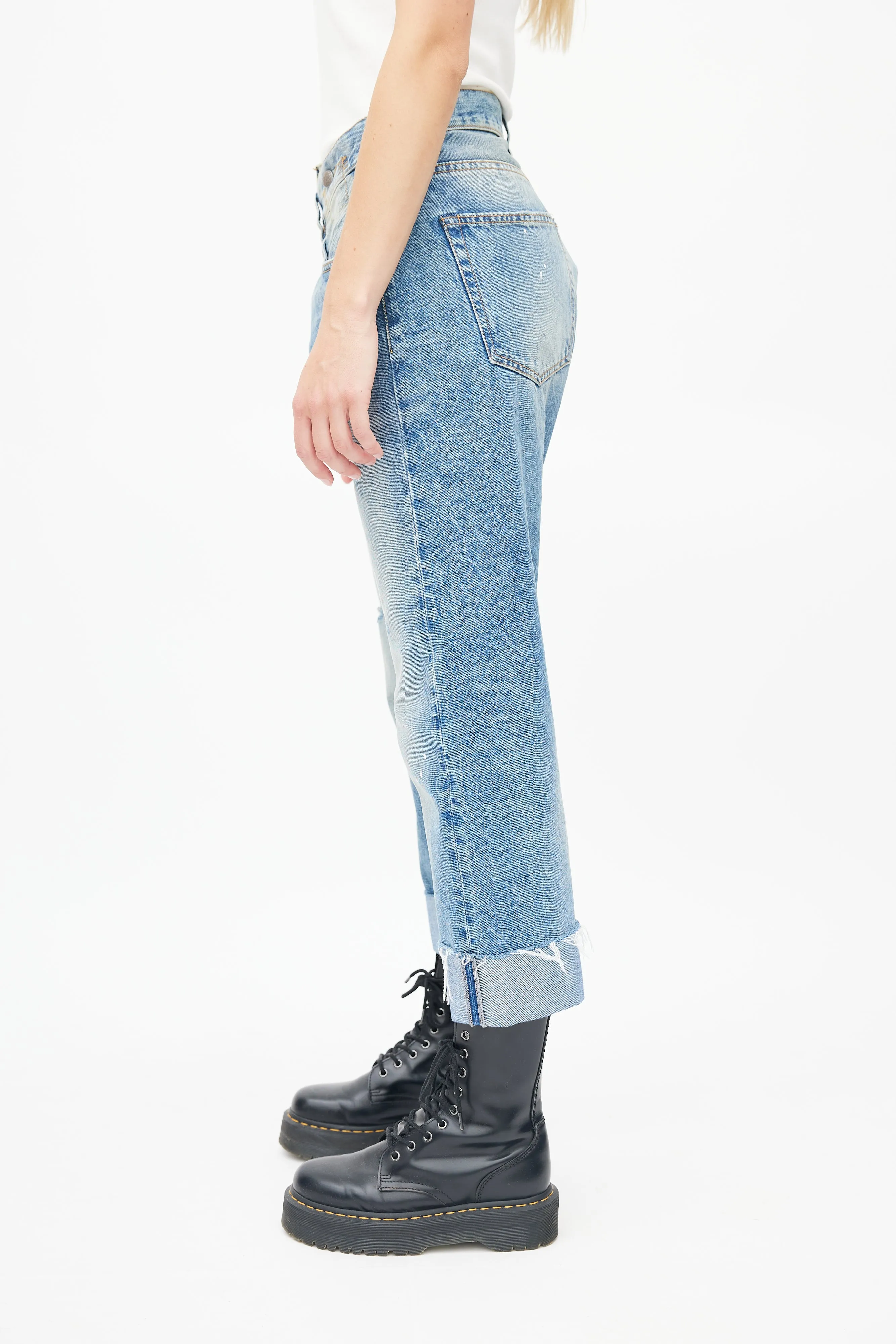 Blue Raw Hem Crossover Denim Jeans