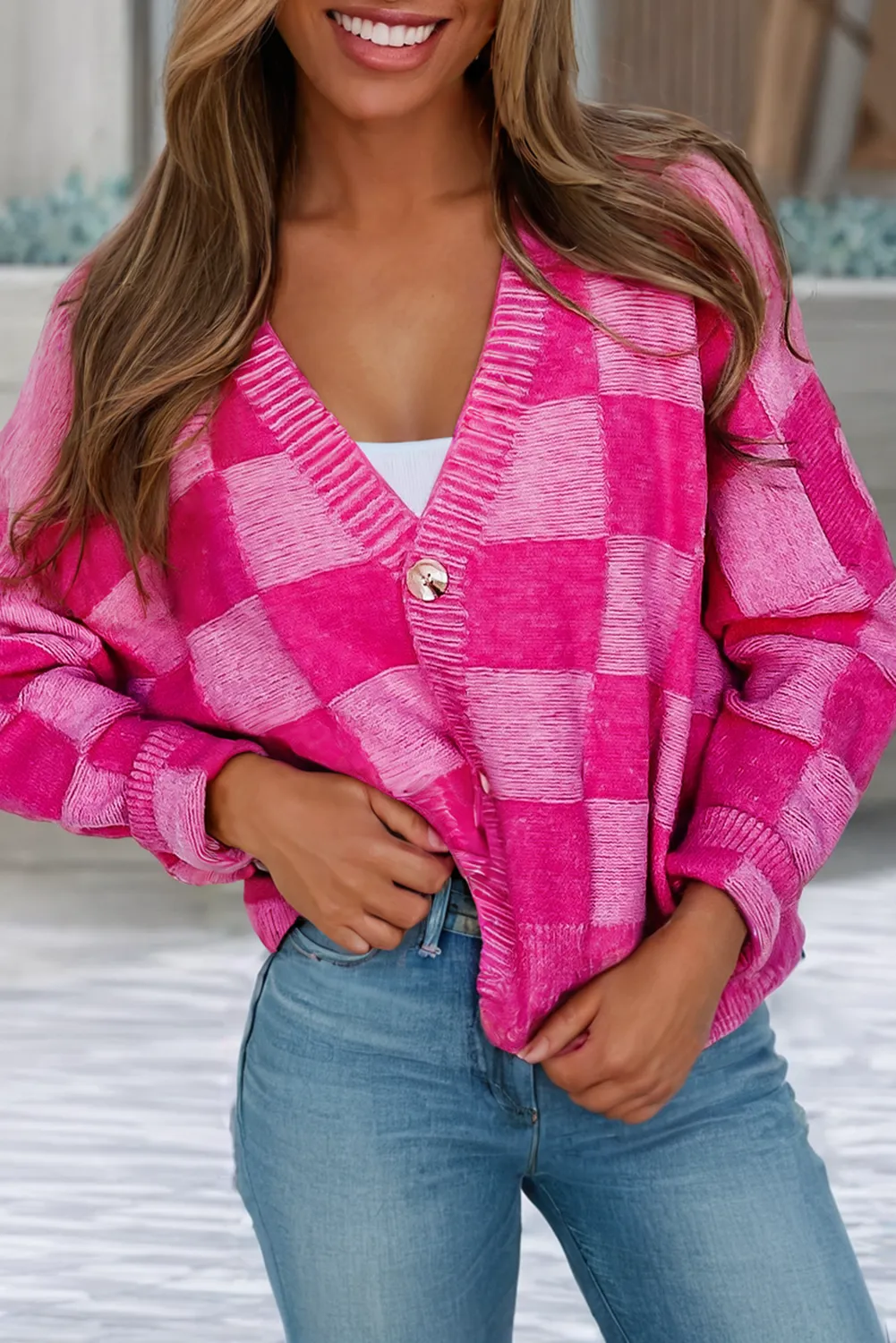 Checkered Drop Shoulder Buttoned V Neck Cardigan