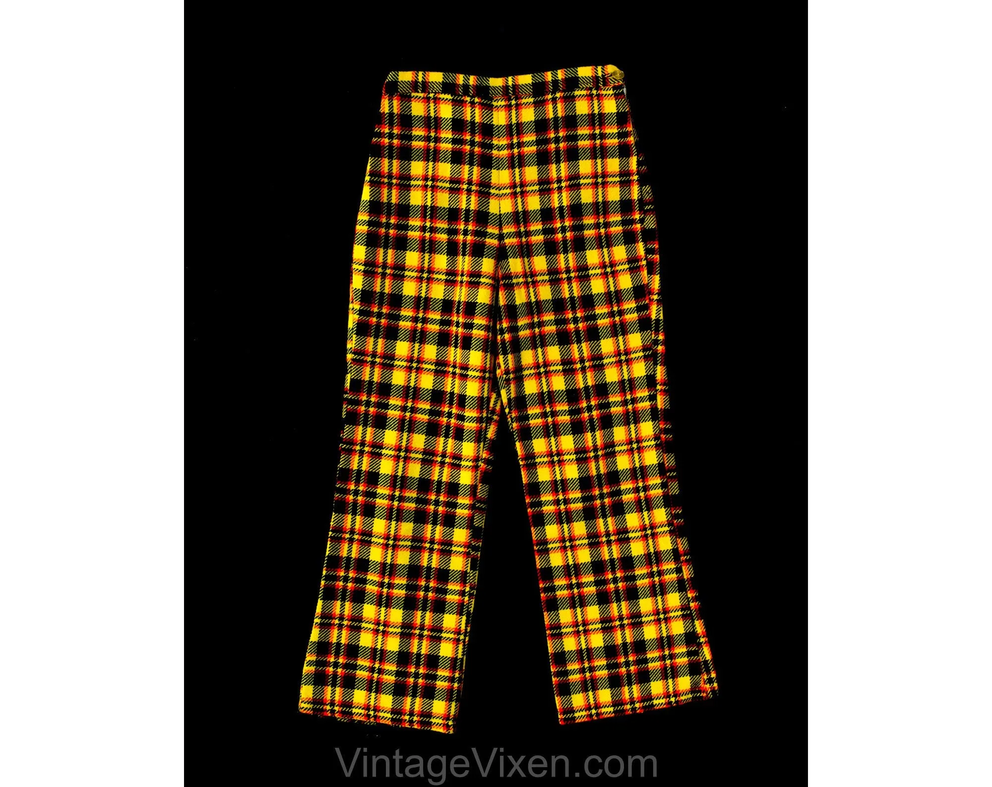 Child's Size 8 Plaid Pants - 1960s Girls Mod Wide Leg Trousers - Yellow Red Black 60s Tweedy Tartan Children's Bell Bottoms - Waist 22.5