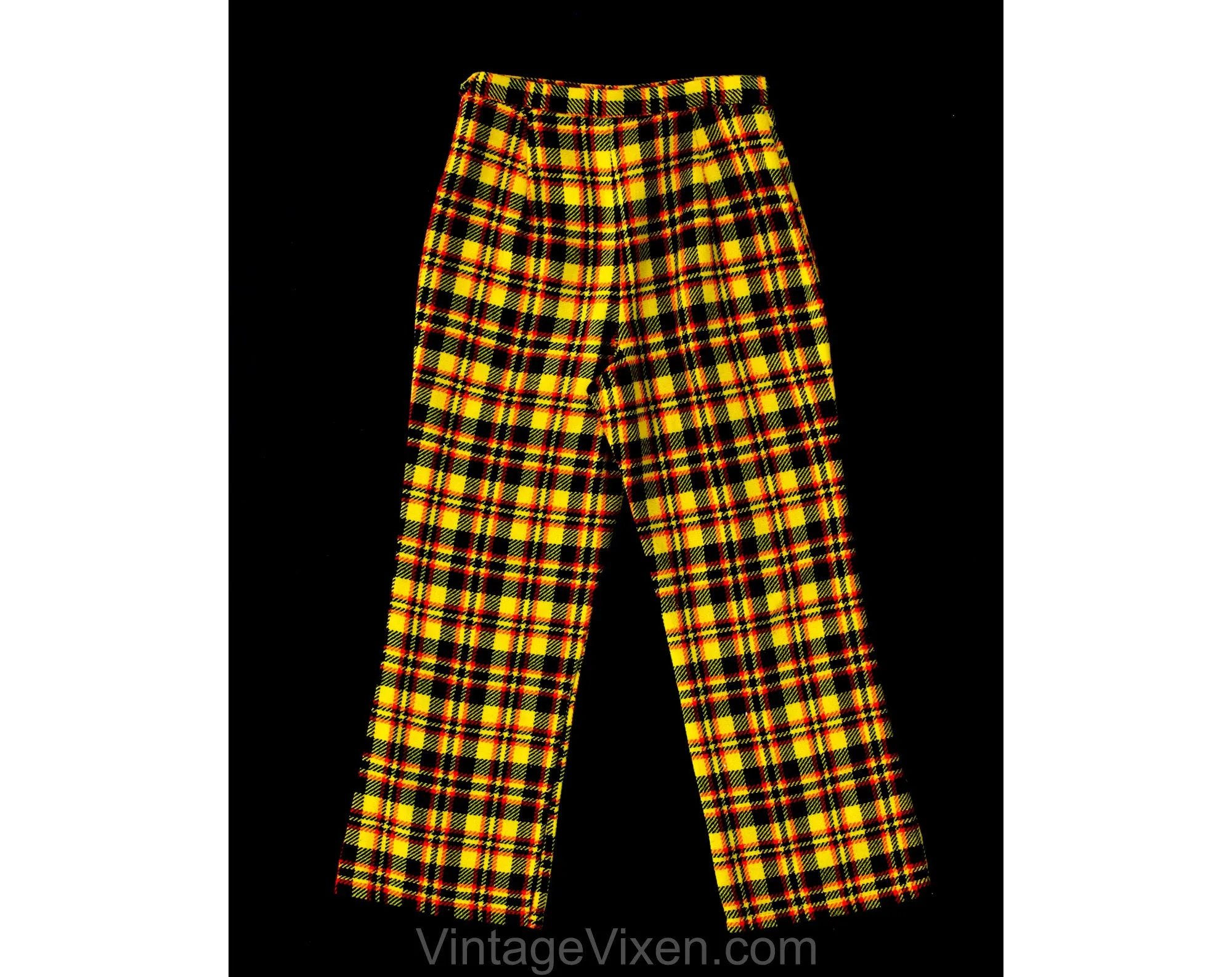Child's Size 8 Plaid Pants - 1960s Girls Mod Wide Leg Trousers - Yellow Red Black 60s Tweedy Tartan Children's Bell Bottoms - Waist 22.5