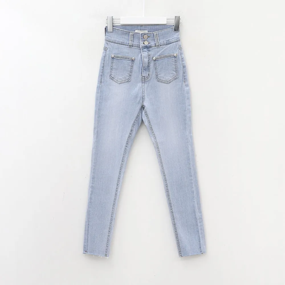 Double Button Raw Hem Skinny Jeans IA11