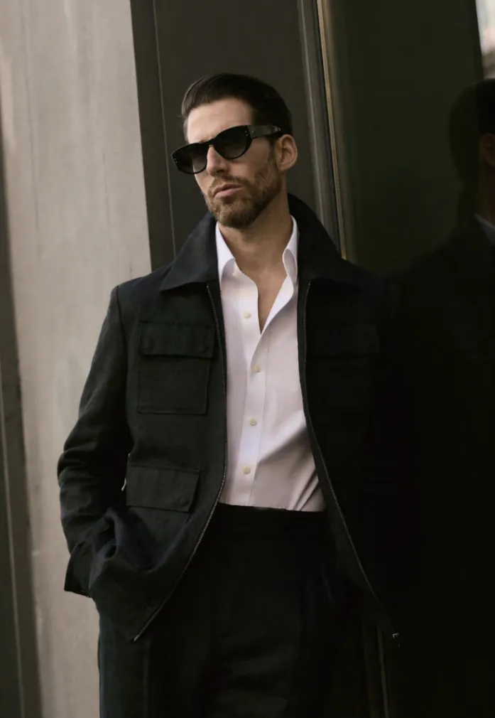 Italian Black Linen Herringbone Zip up Jacket Plus Matching Trousers
