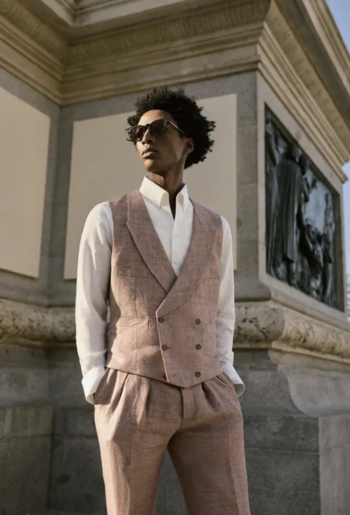 Italian Sand Colour Herringbone Linen Waistcoat Plus Matching Trousers
