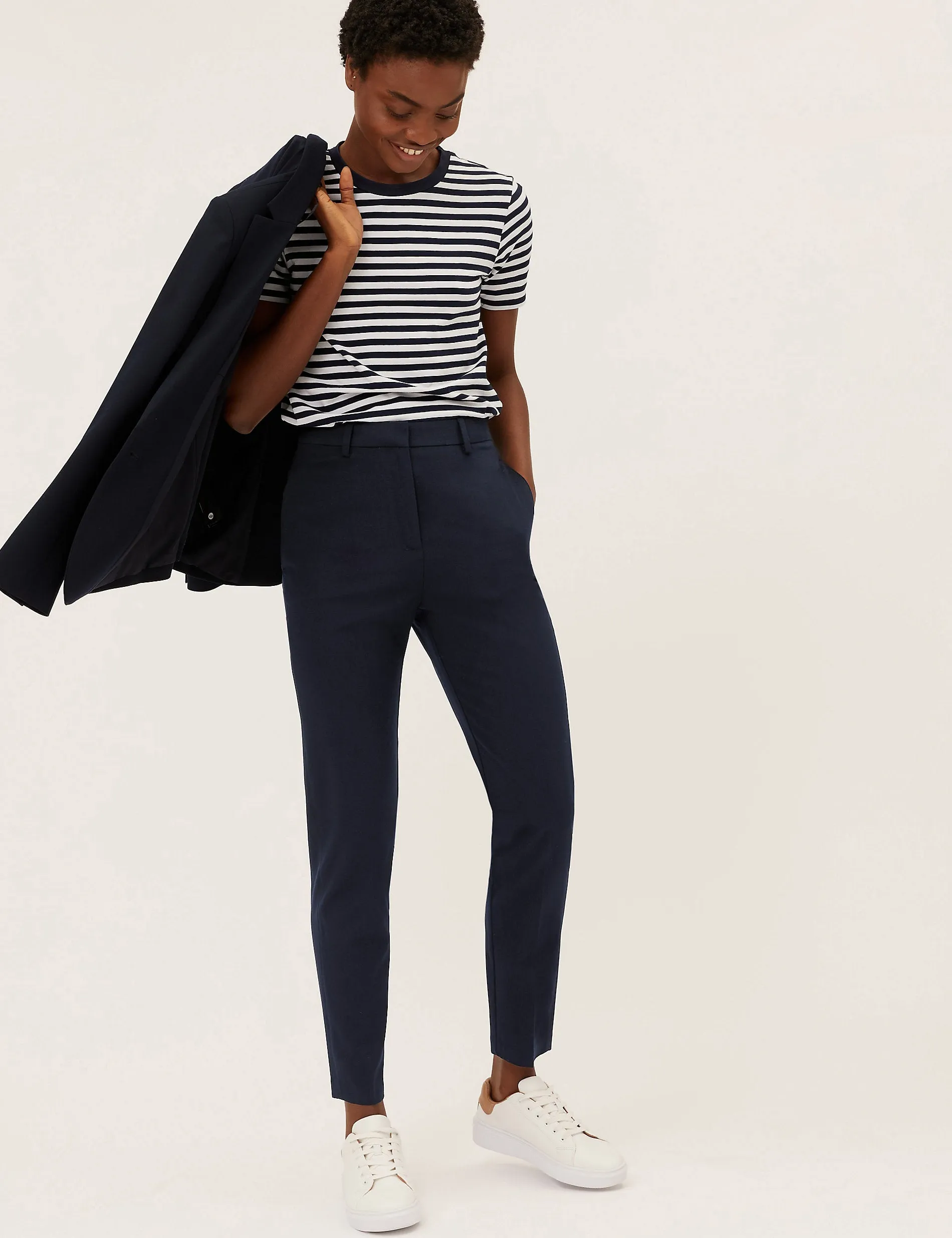 Marks & Spencer Slim Fit Stretch Ankle Trousers, Navy