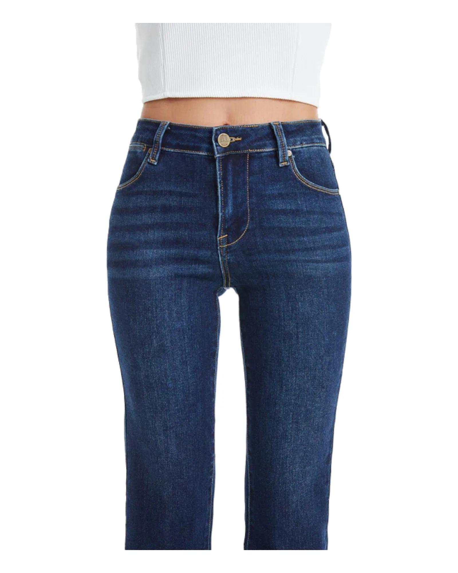 Mid Rise Straight Raw Edge Denim Jeans (Dark Blue)