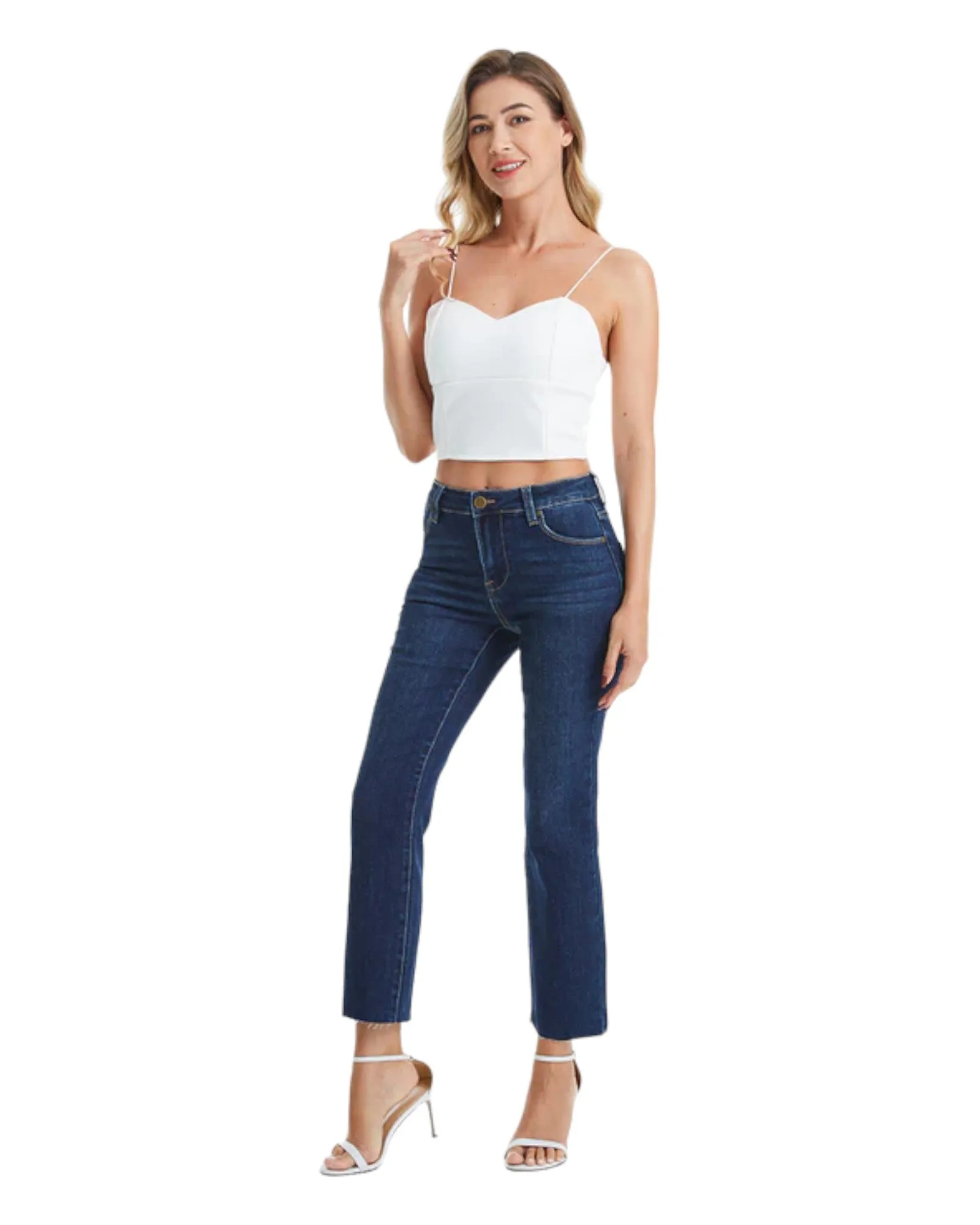 Mid Rise Straight Raw Edge Denim Jeans (Dark Blue)