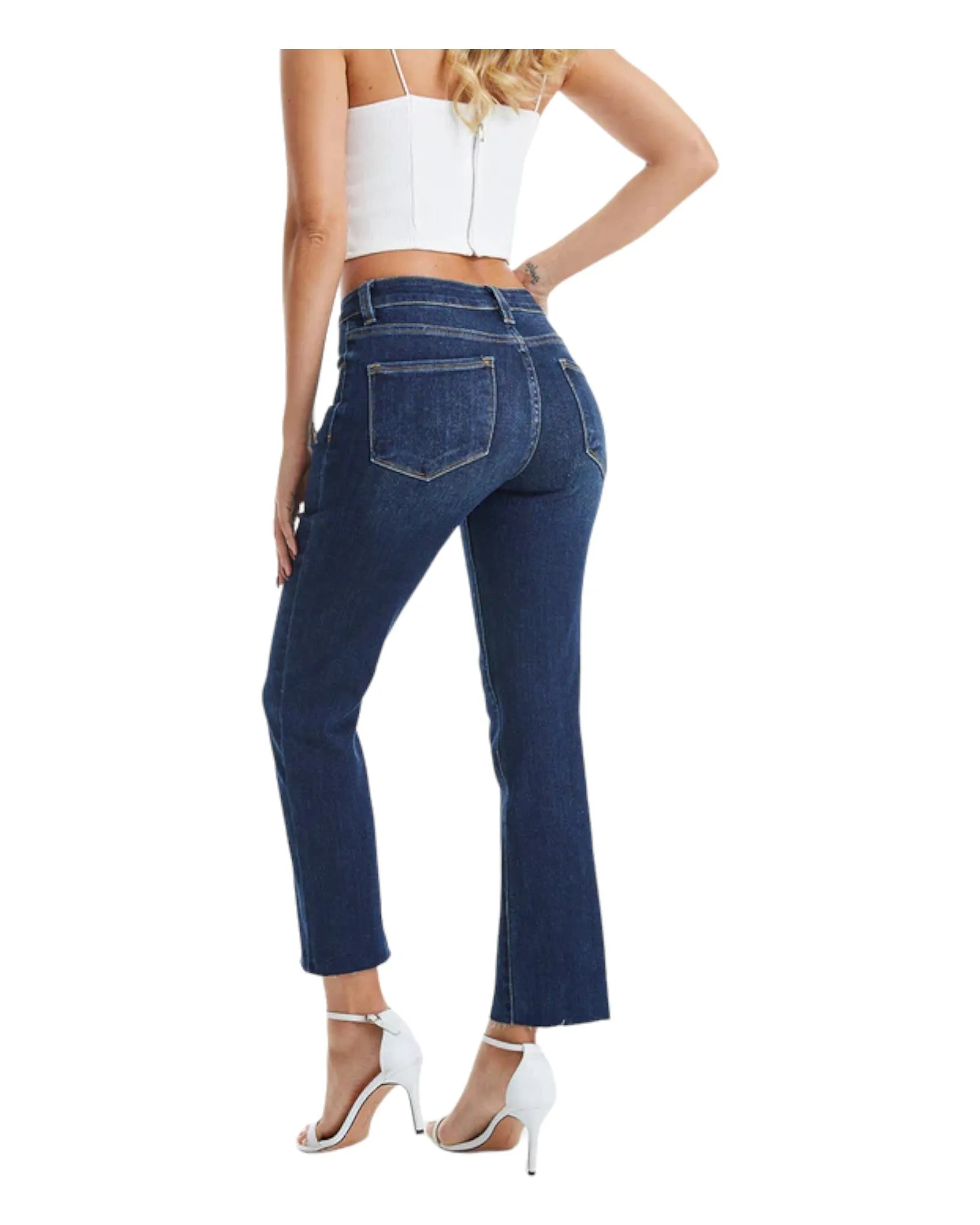 Mid Rise Straight Raw Edge Denim Jeans (Dark Blue)