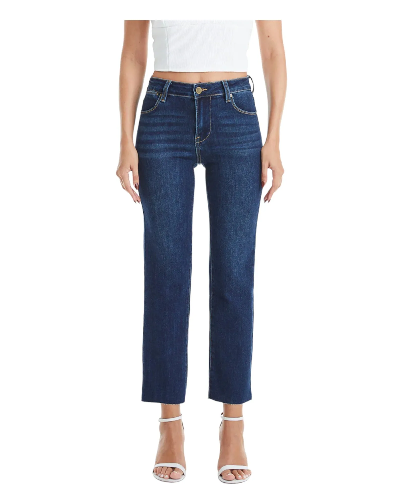Mid Rise Straight Raw Edge Denim Jeans (Dark Blue)