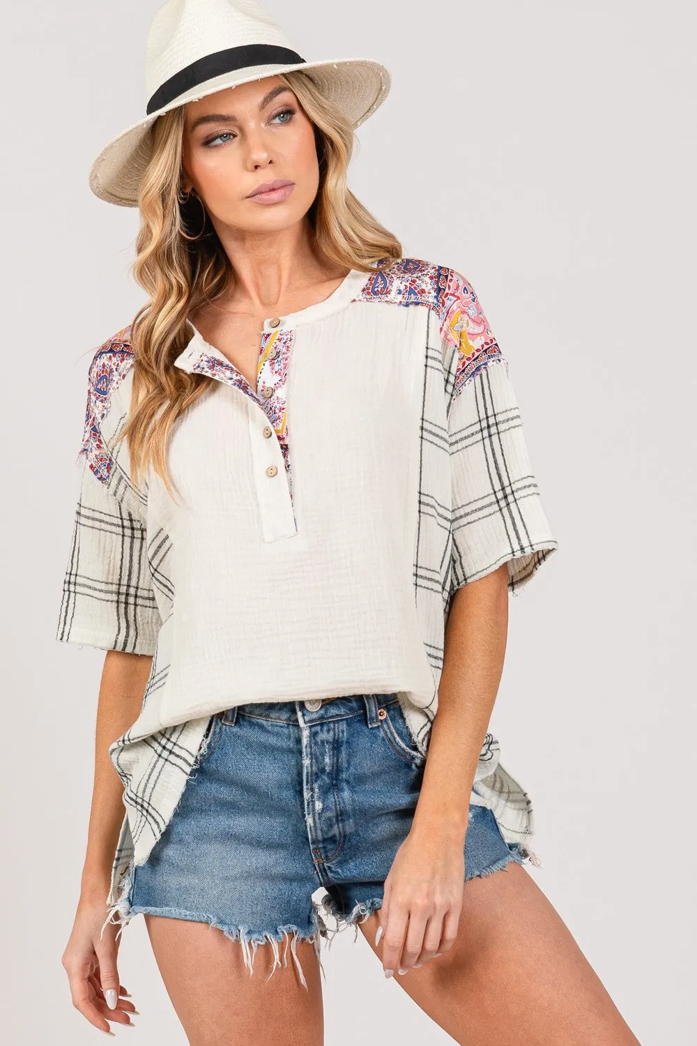ONLINE EXCLUSIVE  Plaid Half Button Gauze Top