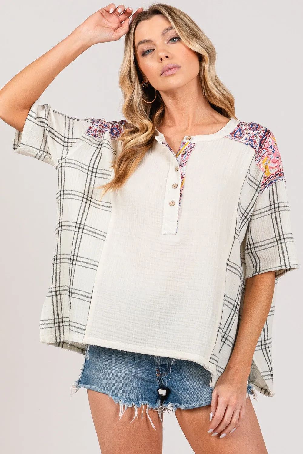 ONLINE EXCLUSIVE  Plaid Half Button Gauze Top