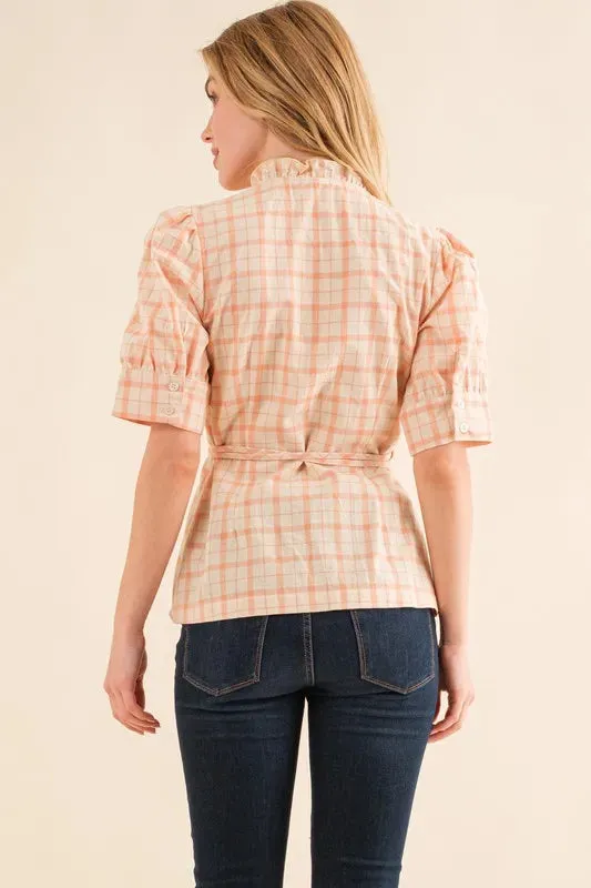 Peach Plaid Ruffled Wrap Peplum Blouse