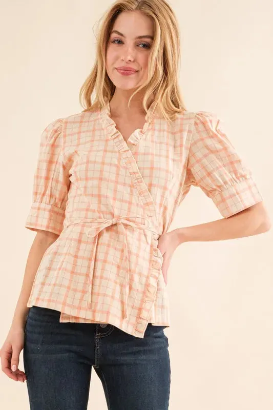 Peach Plaid Ruffled Wrap Peplum Blouse