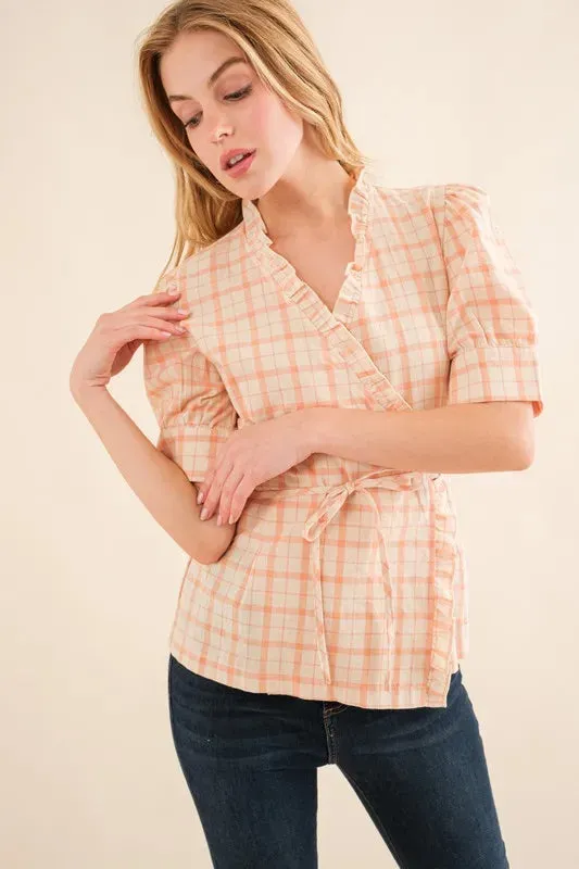 Peach Plaid Ruffled Wrap Peplum Blouse