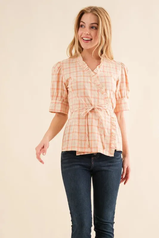 Peach Plaid Ruffled Wrap Peplum Blouse