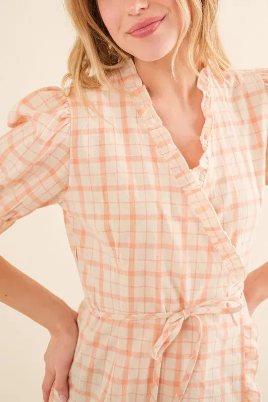 Peach Plaid Ruffled Wrap Peplum Blouse