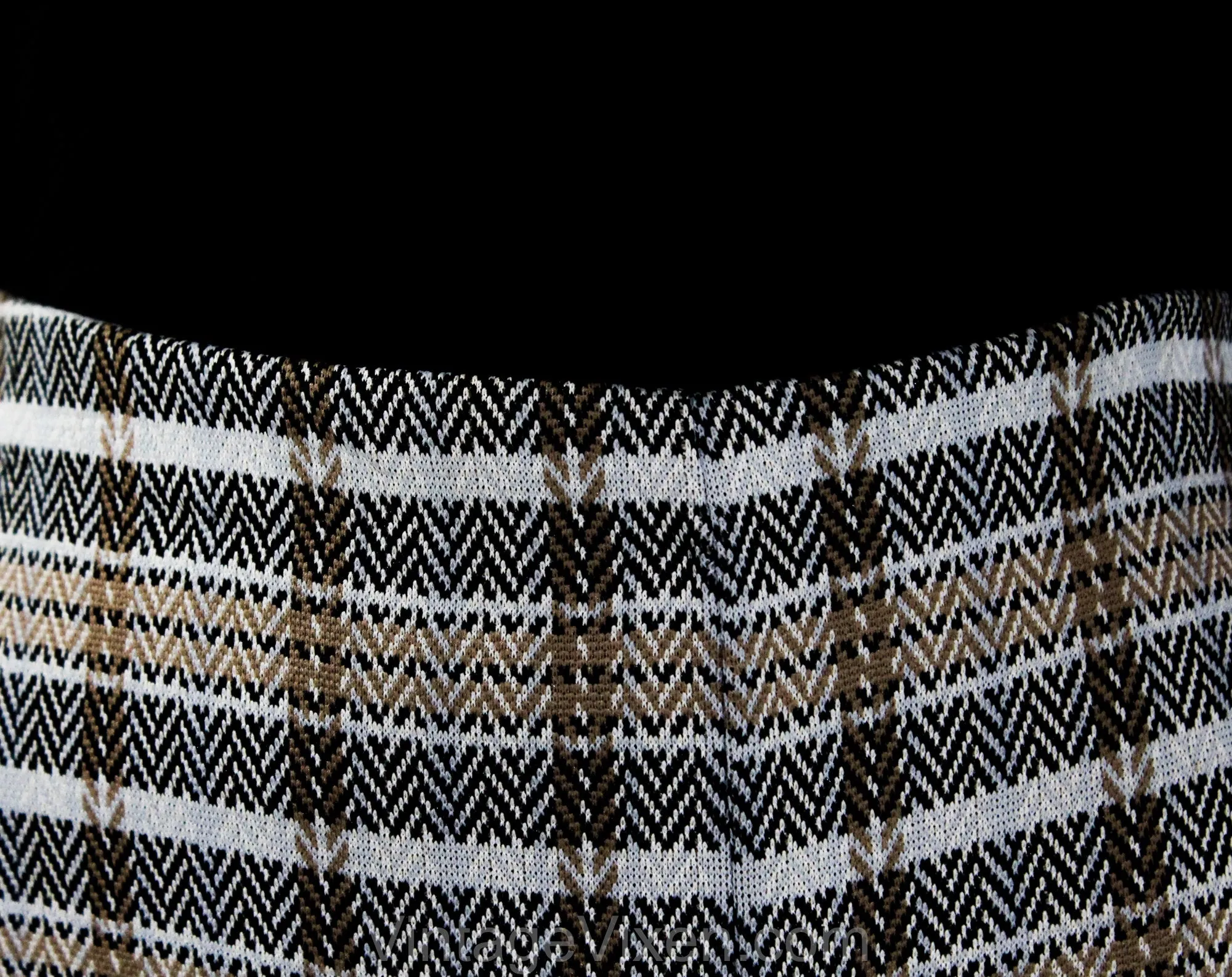Size 10 1970s Polyester Pant - 70s Synthetic Knit Wide Leg Trouser - Beige Black White Gray Plaid Stripe - Classic Womens Lib Era - Waist 31