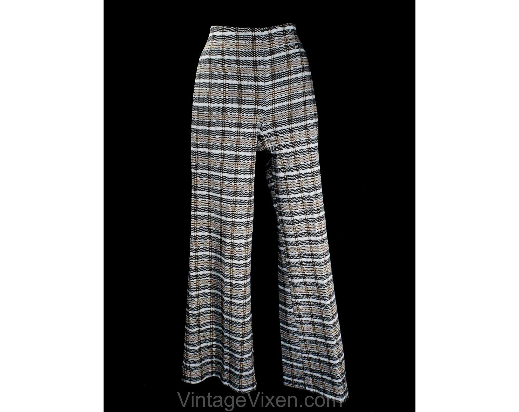Size 10 1970s Polyester Pant - 70s Synthetic Knit Wide Leg Trouser - Beige Black White Gray Plaid Stripe - Classic Womens Lib Era - Waist 31