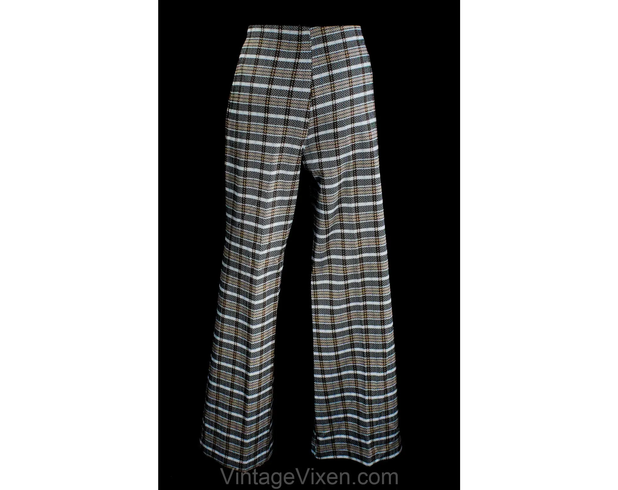 Size 10 1970s Polyester Pant - 70s Synthetic Knit Wide Leg Trouser - Beige Black White Gray Plaid Stripe - Classic Womens Lib Era - Waist 31