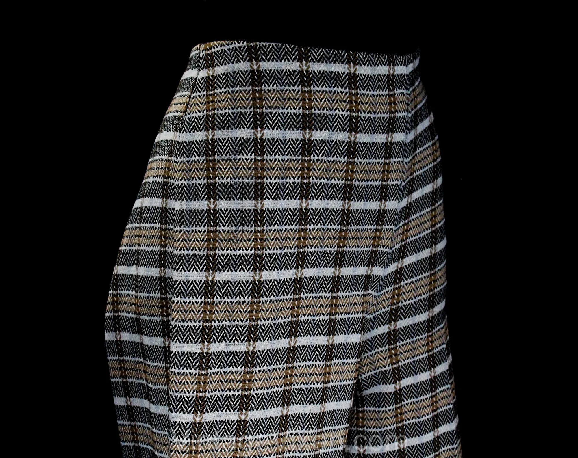 Size 10 1970s Polyester Pant - 70s Synthetic Knit Wide Leg Trouser - Beige Black White Gray Plaid Stripe - Classic Womens Lib Era - Waist 31