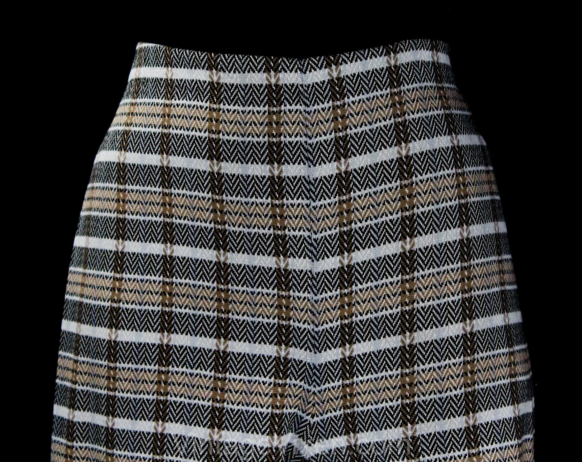 Size 10 1970s Polyester Pant - 70s Synthetic Knit Wide Leg Trouser - Beige Black White Gray Plaid Stripe - Classic Womens Lib Era - Waist 31
