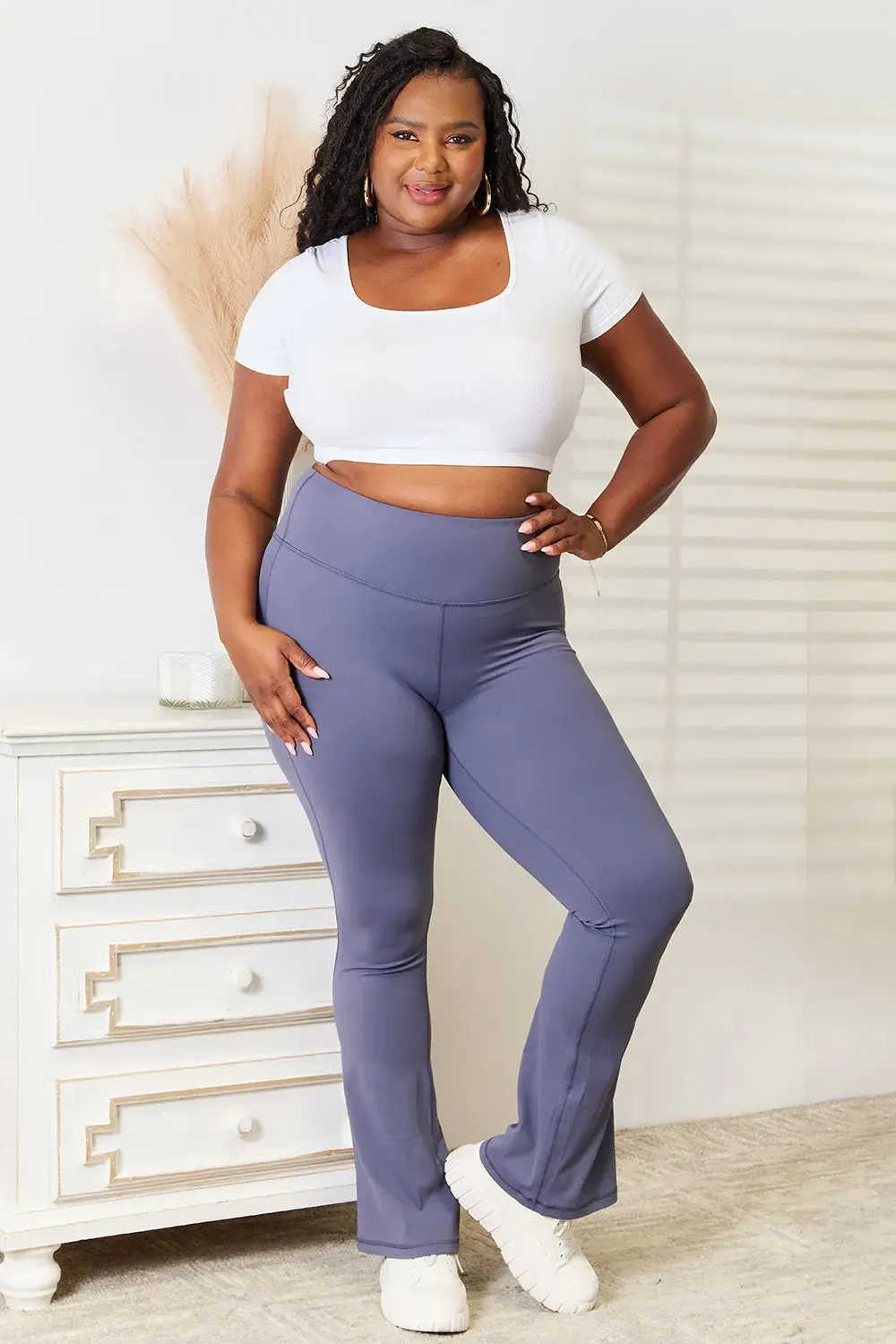 Women's Leggings-Millennia Basic Bae - Wide Waistband - Bootcut Sports Pants